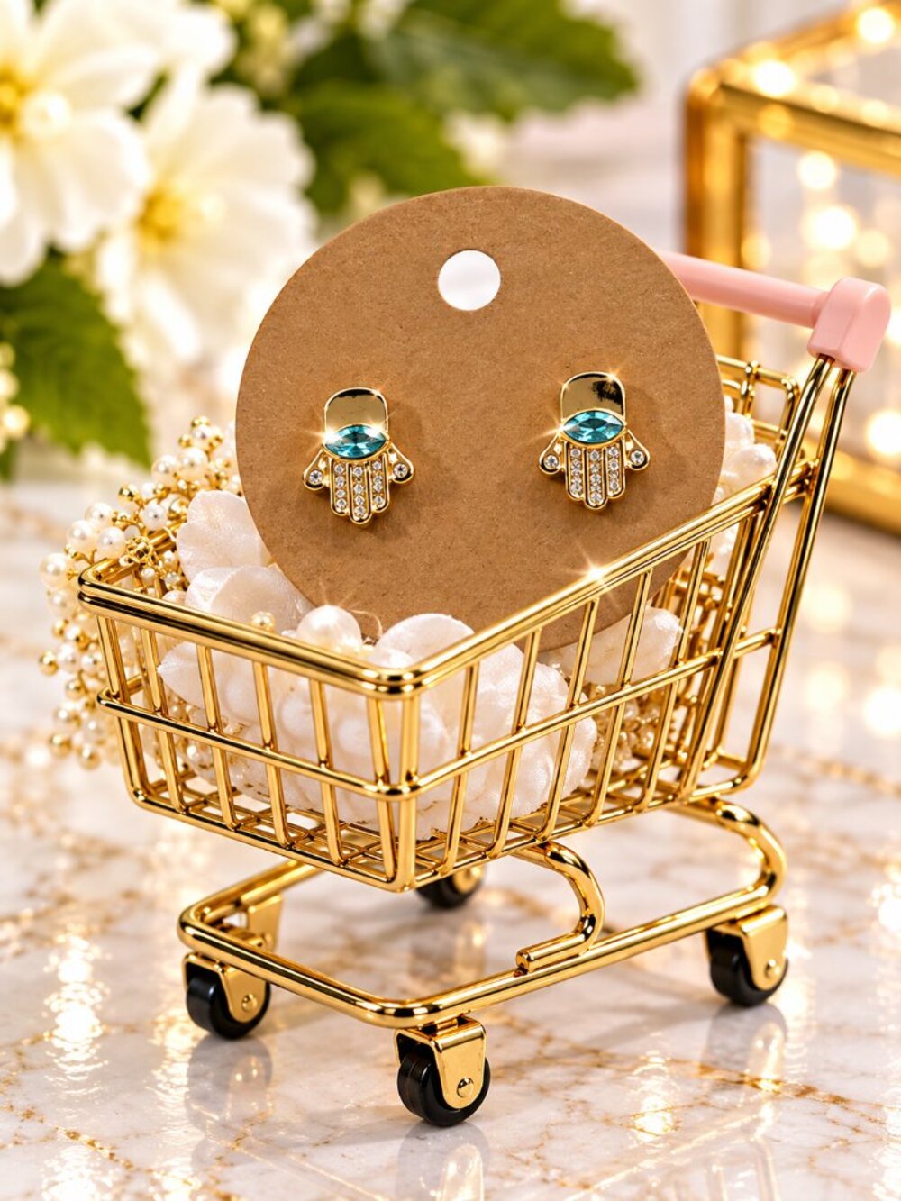 Gold Tone Hamsa Hand Evil Eye Stud Earrings Aqua Blue Crystal - Fashion Jewelry